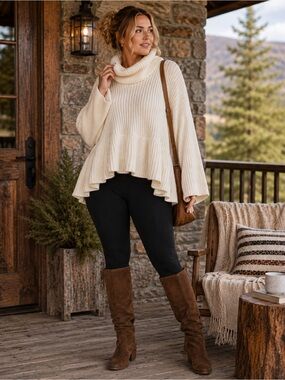 Free People Oversized Cropped Funnel Neck Peplum Sweater • XS